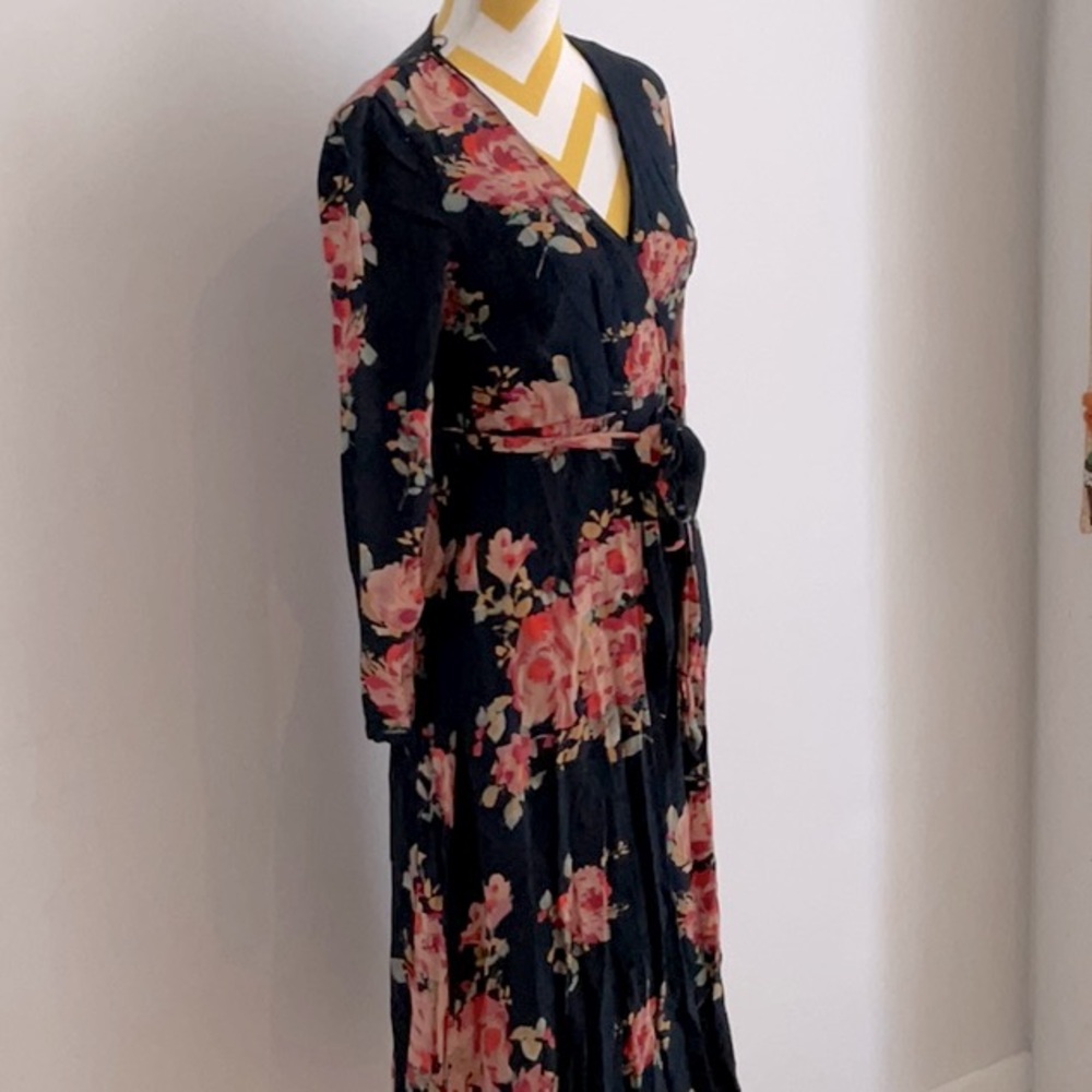 Zara Navy Maxi Floral Wrap Dress with Pink Rose Print - Size Small